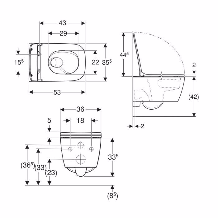LEKANI GEBERIT SMYLE SQUARE 53 CM RIMLESS TURBOFLUSH SET LEuKO GALISTERO 503.171.00.1