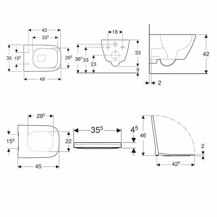 LEKANI GEBERIT SMYLE SQUARE 49 CM RIMFREE SET LEuKO GALISTERO 500.379.01.1